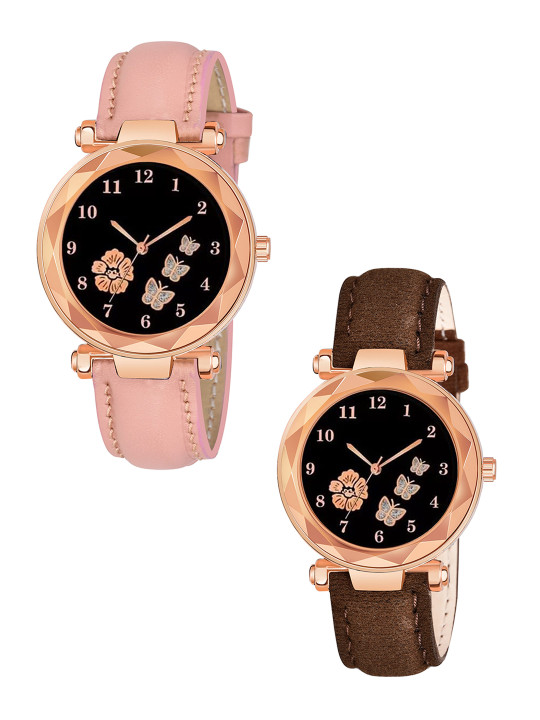CERO Girls Pack Of 2 Leather Straps Analogue Multi Function Watch Com2-FBF223