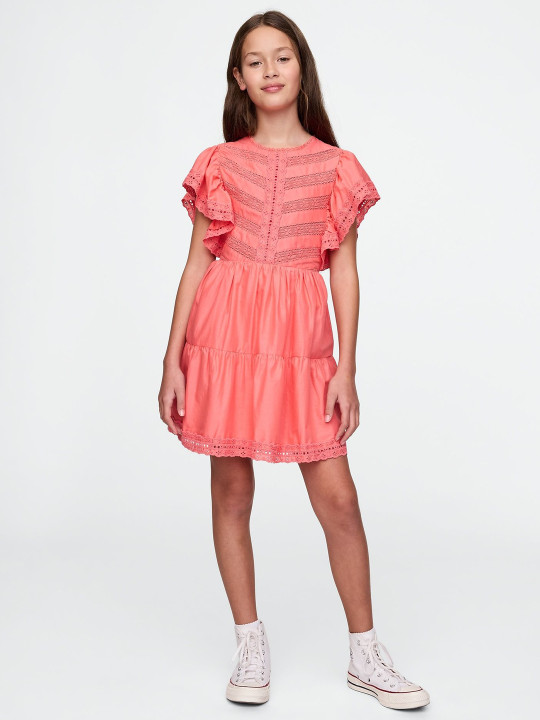 GAP Girls Self Design Round Neck Fit & Flare Dress with Lace Hem