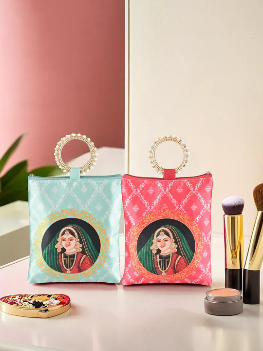 Kuber Industries Set Of 2 Maharani Printed Silk Zip & Handle Clutches