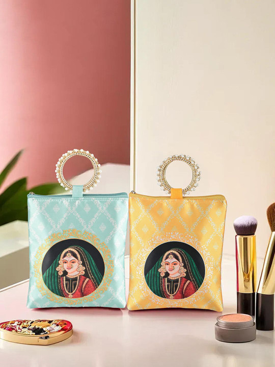 Kuber Industries 2 Pieces Maharani Printed Silk Clutches With Zip & Handle