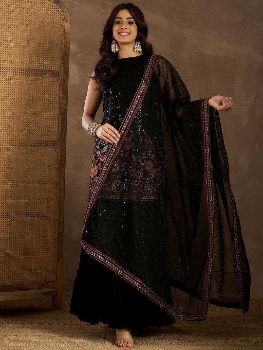 Inddus Women Floral Embroidered Regular Sequinned Kurta with Sharara & Dupatta