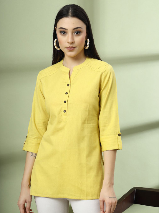 Pistaa Women Mandarin Collar Roll-Up Sleeves Pure Cotton Kurti