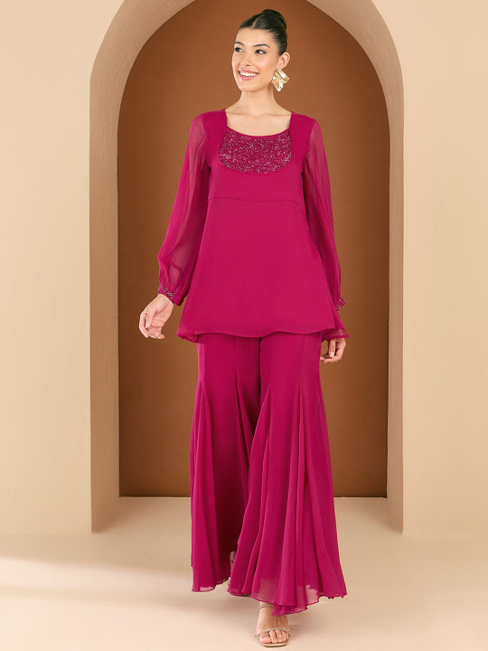 Antheaa Embellished Sequinned Round Neck Top With Palazzos