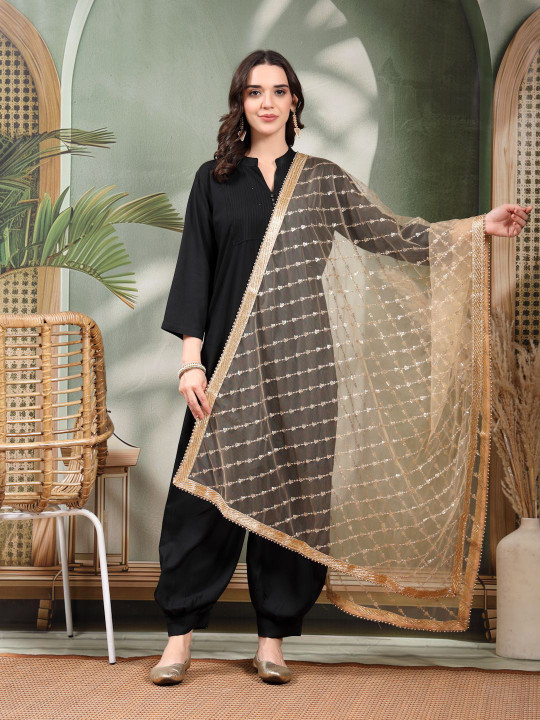 Clora Creation Striped Net Dupatta With Sequinned
