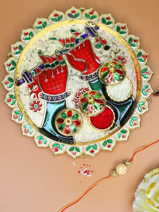 Anouk Stones Studded & Beaded Rakhi with Card & Roli Rice Pooja Thali