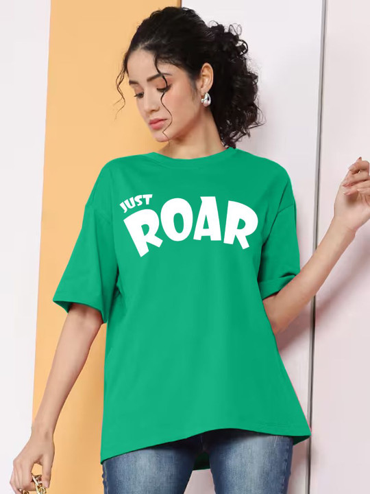 Leotude Women Typography Printed Oversized Round Neck T-shirt