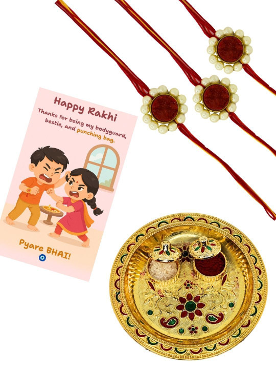 Anouk Set Of 3 Rakhi & Greeting Card With Pooja Thali