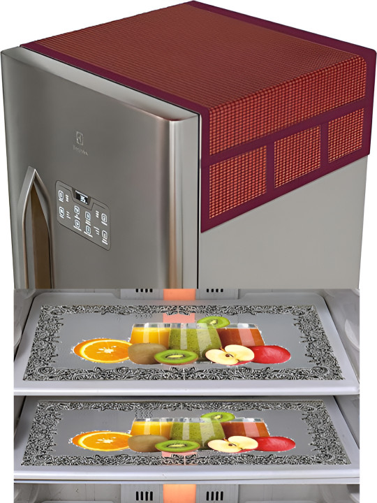 LooMantha Maroon & Green 5 Pieces Checked Fridge Appliance Covers & Mats