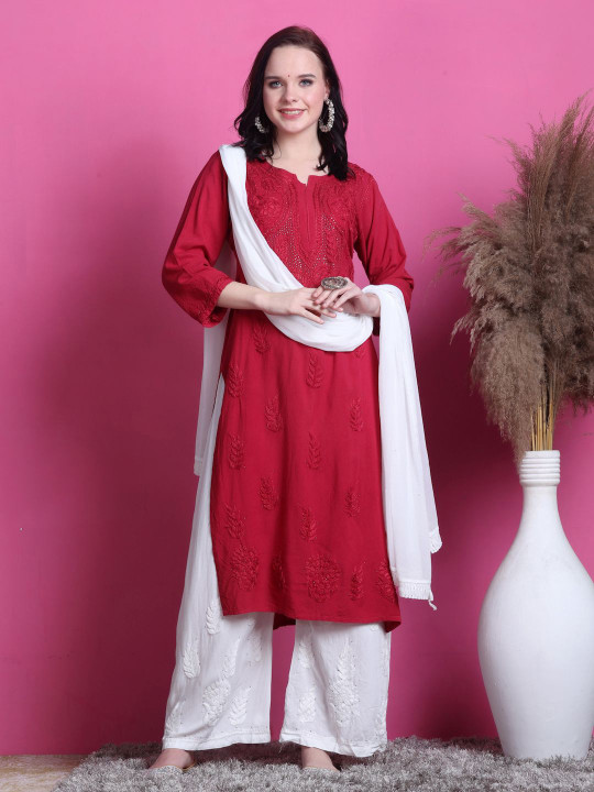 KHAKA Floral Embroidered Notch Neck Mukaish Chanderi Silk Straight Kurta