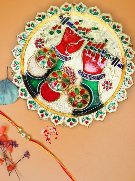 Anouk Stones Studded Rakhi with Card & Roli Rice Pooja Thali