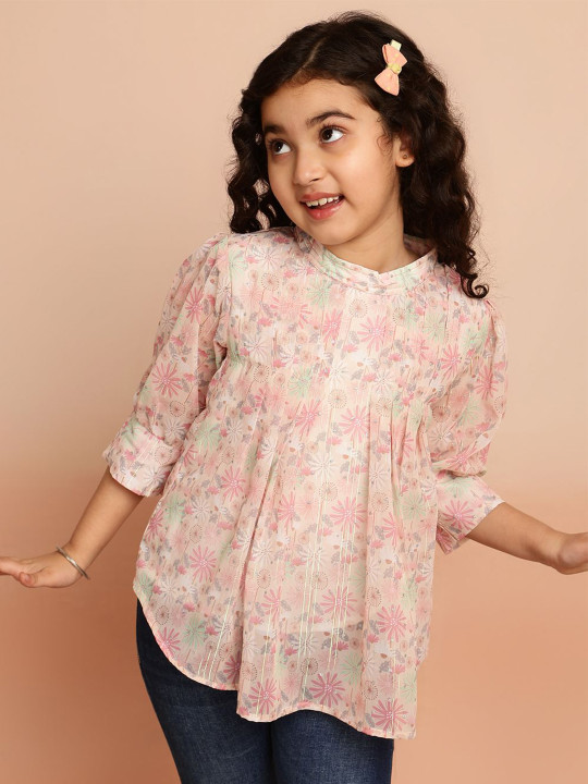 Miss & Chief Girls Floral Printed Puff Sleeves Casual Top