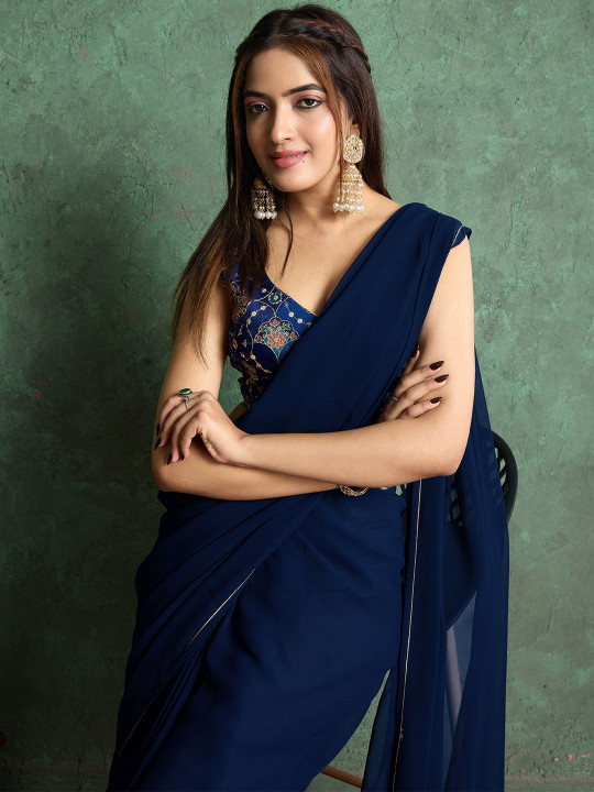 all about you All About You Pure Georgette Saree with Heavy Embroidered Blouse Piece
