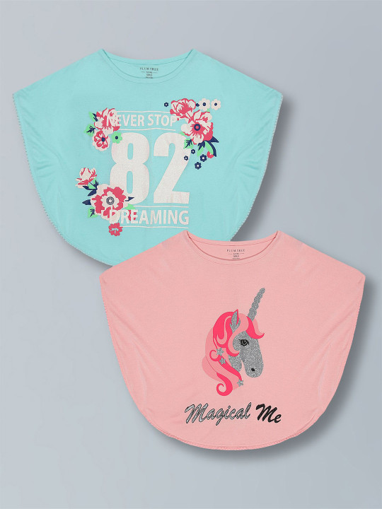 PLUM TREE Girls Pack of 2 Typography Printed Cape Sleeve Cape Regular Top