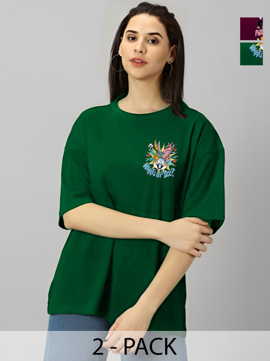 SZN Women 2 Printed Drop-Shoulder Sleeves round neck graphic T-shirt