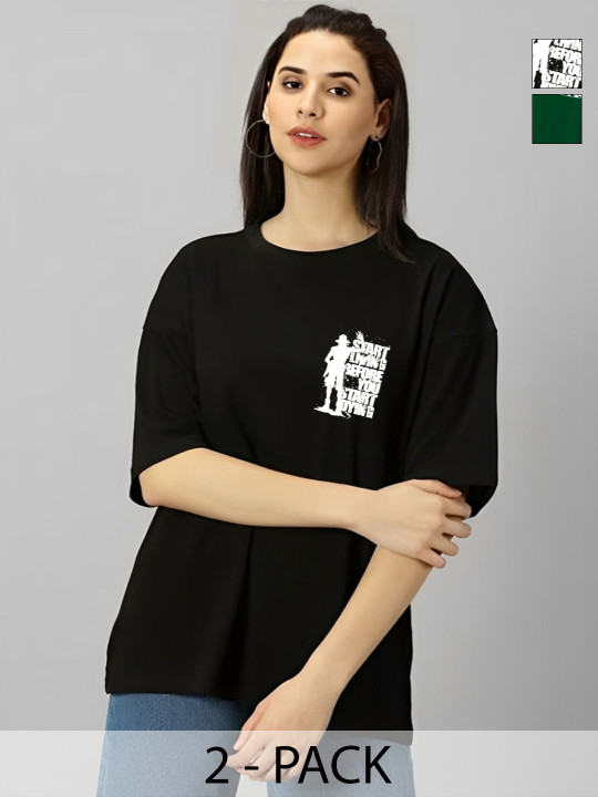 CORSICA Women pack Of 2 Printed Drop-Shoulder Sleeves T-shirts
