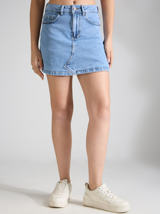 High-Rise A-Line Cotton Denim Mini Skirt