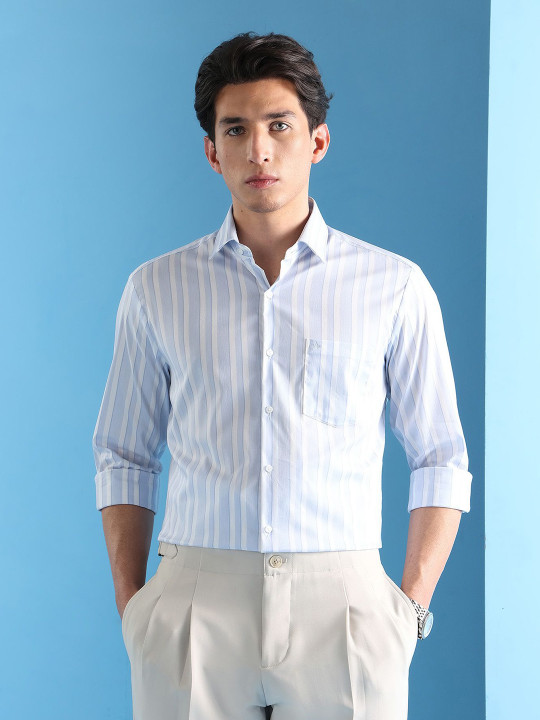 Arrow Velocity Manhattan Slim Fit Vertical Striped Twill Weave Formal Shirt