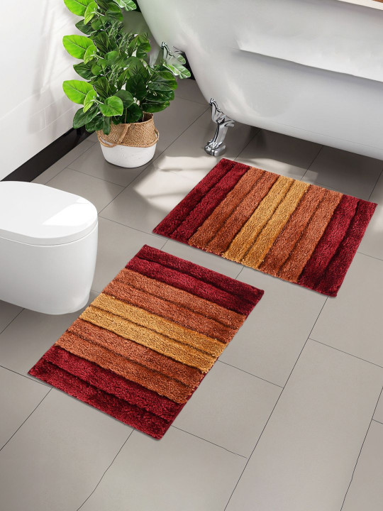 Aura Red & Brown 2 Pieces Striped Cotton Rectangle Anti-Skid Doormats