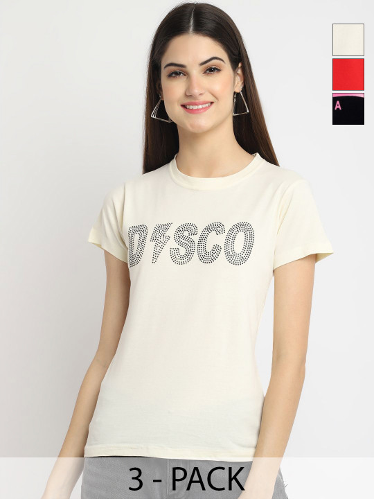 Dreambe Women Pack of 3 Typography Printed Round Neck Cotton T-shirts