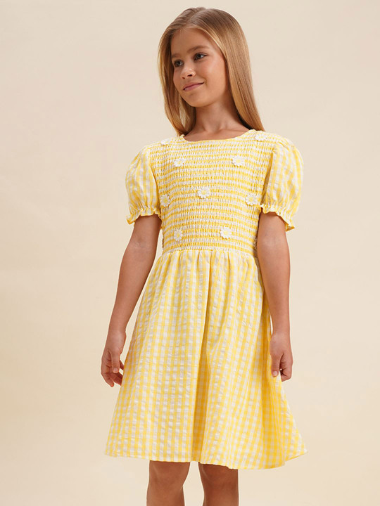 Vero Moda Girls Floral Applique Puff Sleeve Smocked Detail Fit and Flare Dress