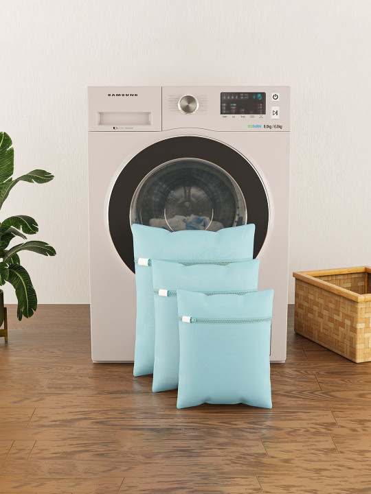 Blue 3 Pieces Reusable Rectangular Durable Laundry Bags With Zipper