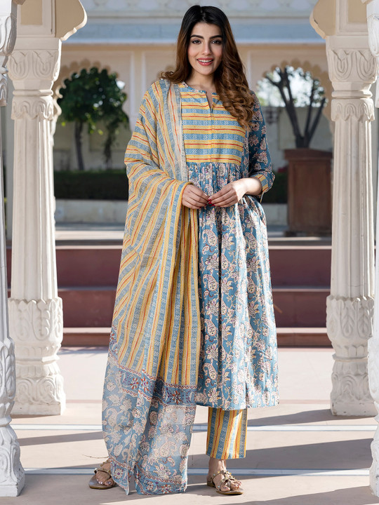 KALINI Floral Printed Notch Neck Pure Cotton Kurta With Trousers & Dupatta
