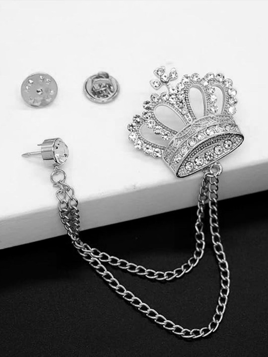 Peora Silver-Plated CZ Studded King's Crown Pattern Double Chain Pin Brooch