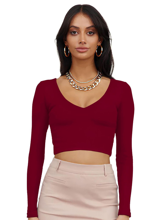 Dream Beauty Fashion top-00-baati-maroon Women Solid V Neck Full Sleeve Top