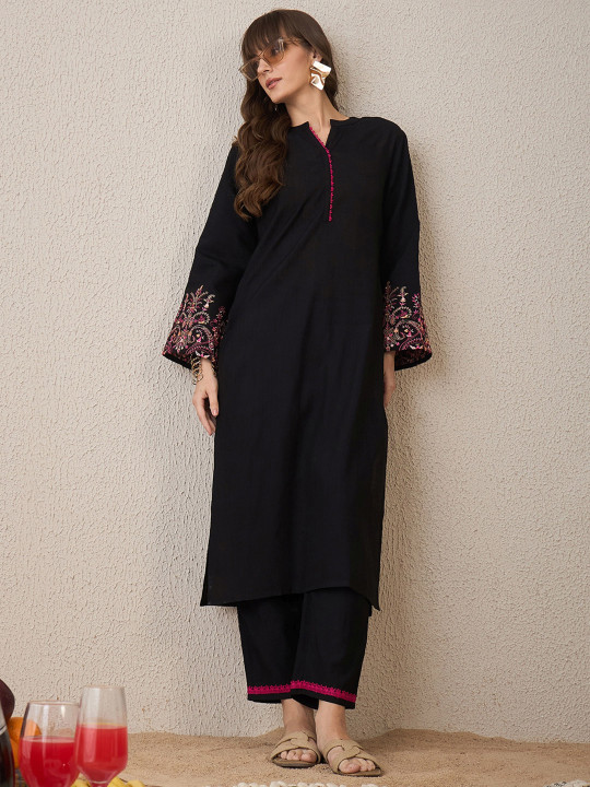 Indo Era Mandarin Collar Flared Sleeves Thread Work Straight Kurta With Trouser