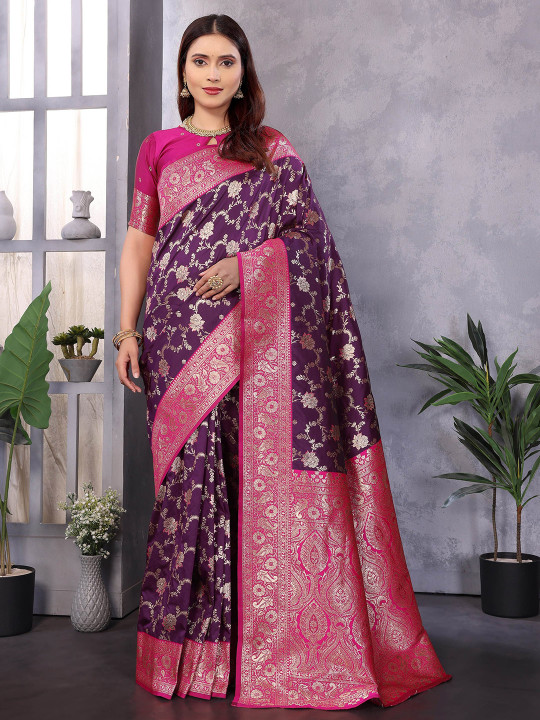 VEECHIS Floral Zari Banarasi Saree with Contrast Weaving Border