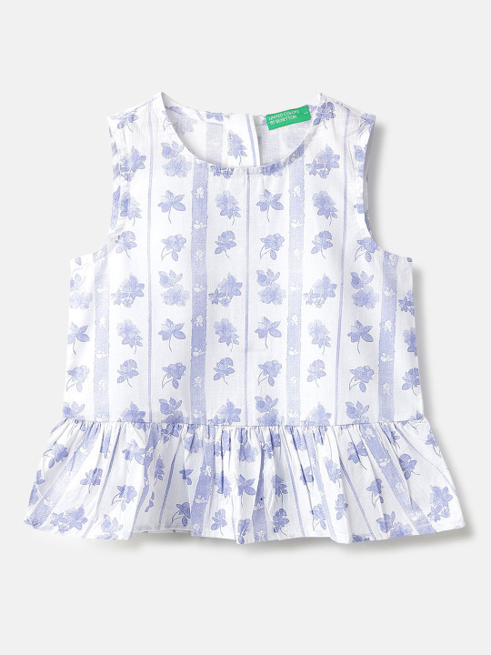 United Colors of Benetton Girls Floral Printed Pure Cotton Peplum Top