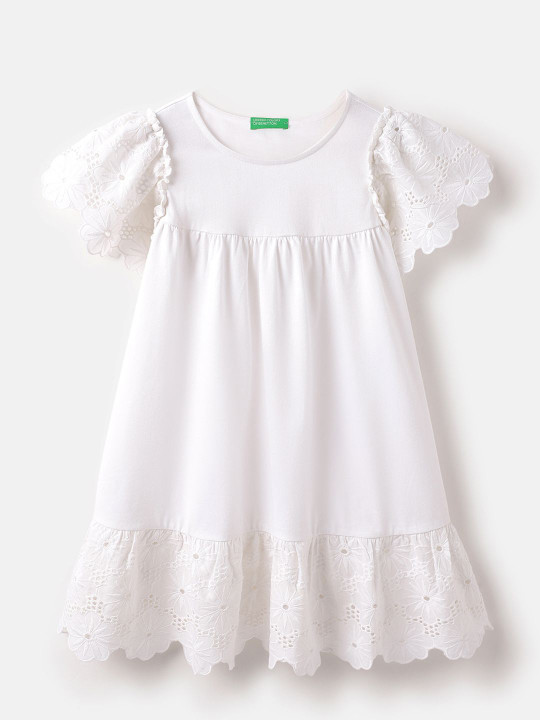 United Colors of Benetton Girls Cotton Embroidered Flared Sleeve Empire Dress
