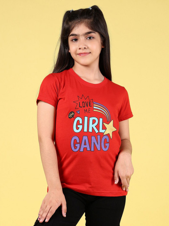 V-Mart Girls Typography Printed Applique T-shirt