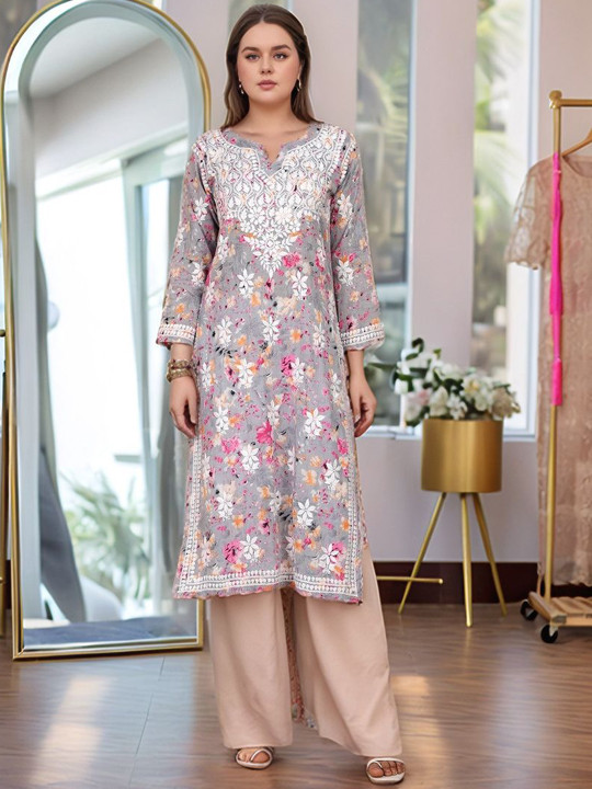 GoSriKi Floral Printed Notch Neck Straight Kurta