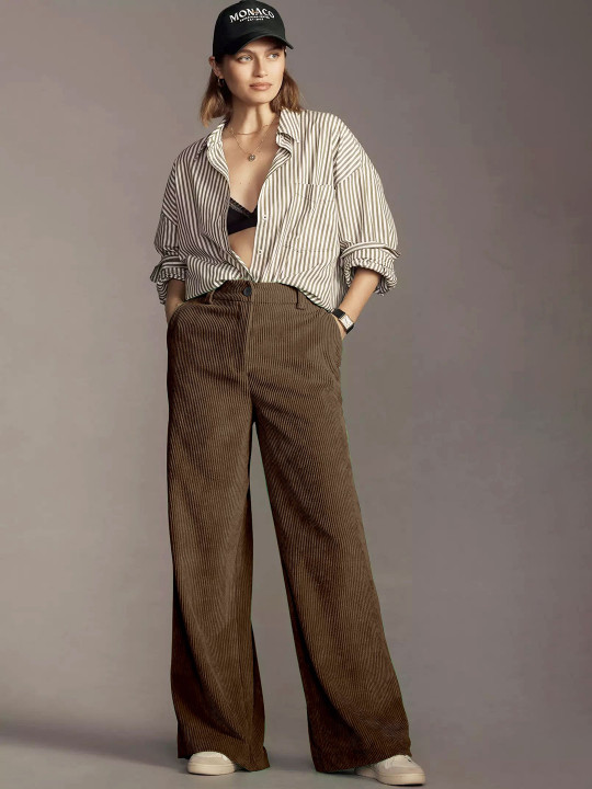 RAJOVATI Women Mid-Rise Relaxed Fit Wide Leg Corduroy Trousers