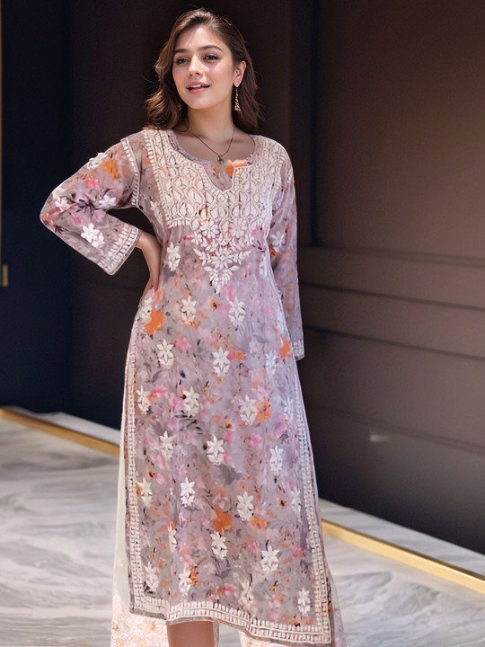 GoSriKi Women Floral Embroidered Mirror Work Kurta