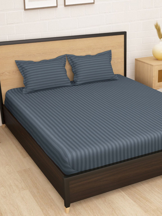 Florida Blaze Grey Striped 200 TC Queen Bedsheet Set 2.45 m x 2.28 m