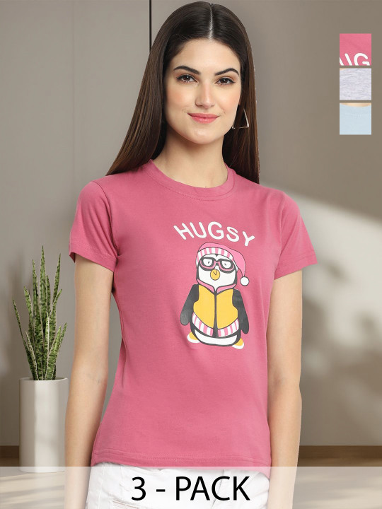 Tromko Women Pack of 3 Typography Printed Round Neck Cotton T-shirts
