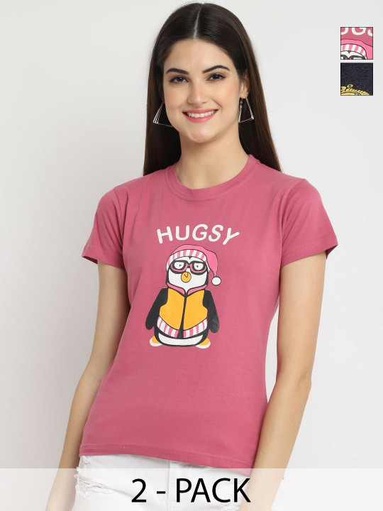 Tromko Women Pack of 2 Graphic Printed Round Neck Cotton Regular Fit T-shirts