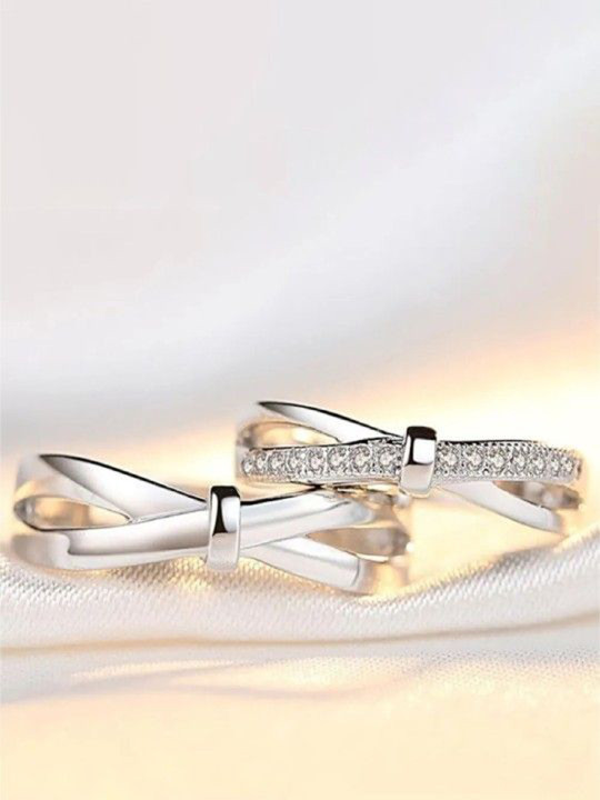 Ringzinnie Set Of 2 Silver Plated Crystals Studded Adjustable Couple Finger Rings