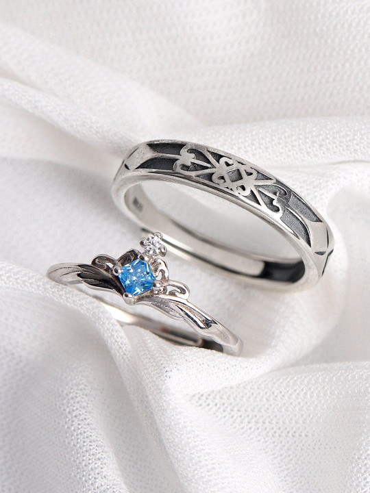 Ringzinnie Set Of 2 Couple Silver-Plated Stone-Studded Adjustable Finger Ring