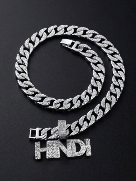 KRENOZ Men Silver-Plated Rhinestone Studded Hindi Pendant With Cuban Link Chain