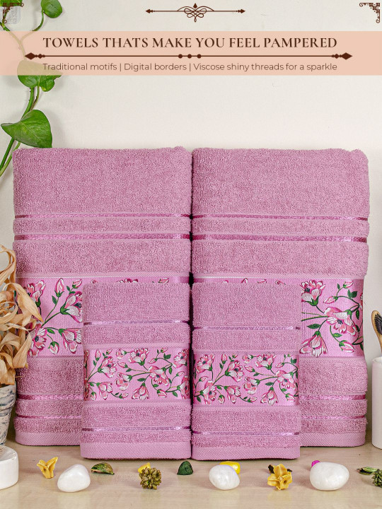 Myntra Elegant Homes Purple 4 Pieces Pure Cotton 450 GSM Towel Set