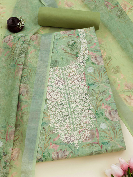 Soch Floral Printed Thread Work Linen Unstitched Dress Material