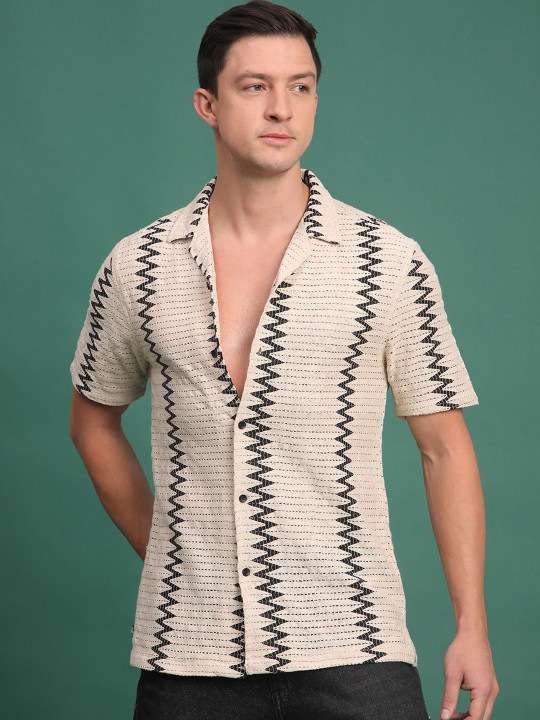 THE BEETEL HOUSE Men's Regular Fit Cuban Collar Chevron Casual Shirt