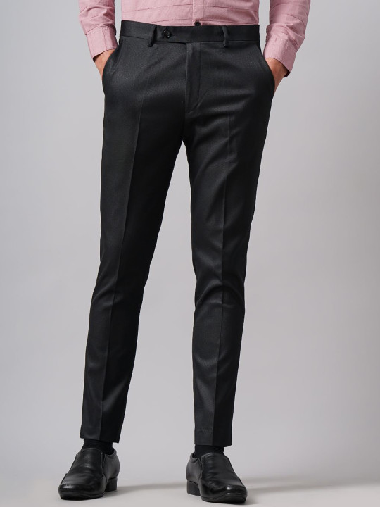 THE BEETEL HOUSE Men's Black Textured Slim Fit Mid-Rise Formal Trousers