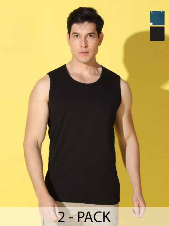 WOOSTRO Men Pack Of 2 Typography Printed Scoop Neck Cotton Slim Fit T-shirts