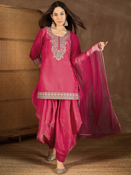 Inddus Women Floral Yoke Design Regular Kurta with Dhoti Pants & With Dupatta