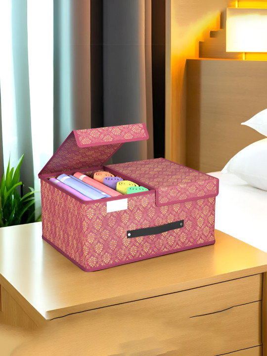 Aura Maroon Cloth Organisers for Wardrobe Foldable Storage Box with Double Lid
