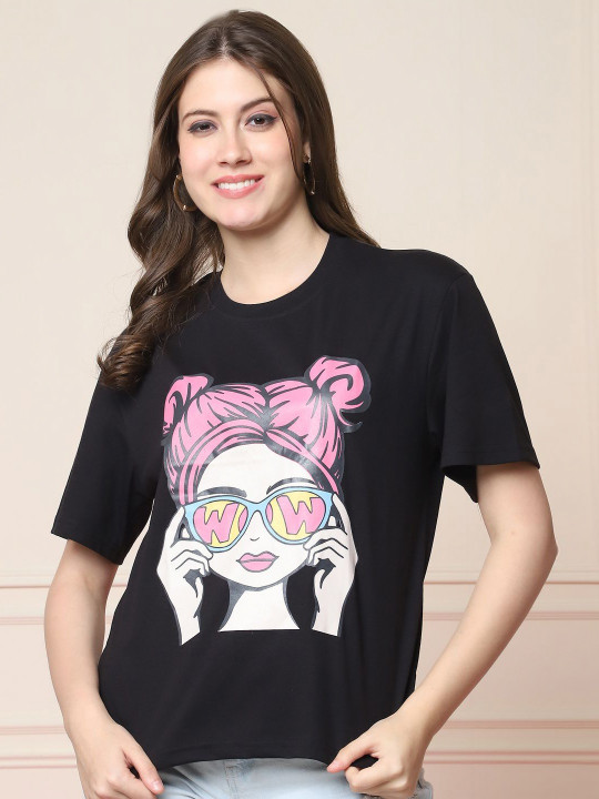 Metronaut Women Graphic Printed Round Neck Cotton Oversized T-shirt